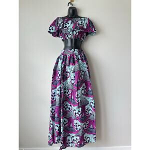 Öfuurë Two Piece Ankara Print Crop Top Maxi Skirt Set Off Shoulder High Slit S